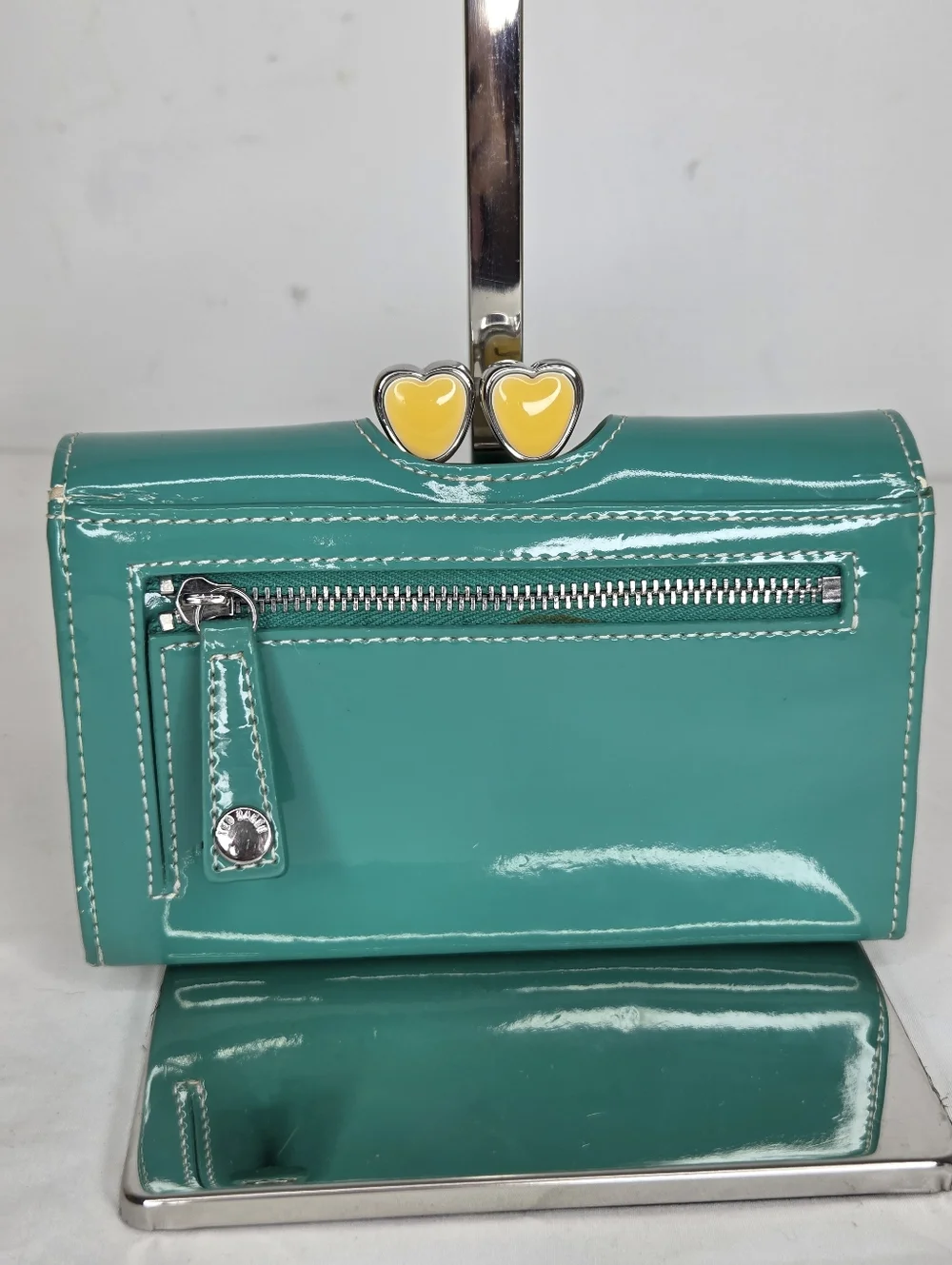 Ted Baker Turquoise Patent Leather Zip Wallet withSilver Accents/Floral Interior - Picture 2 of 14